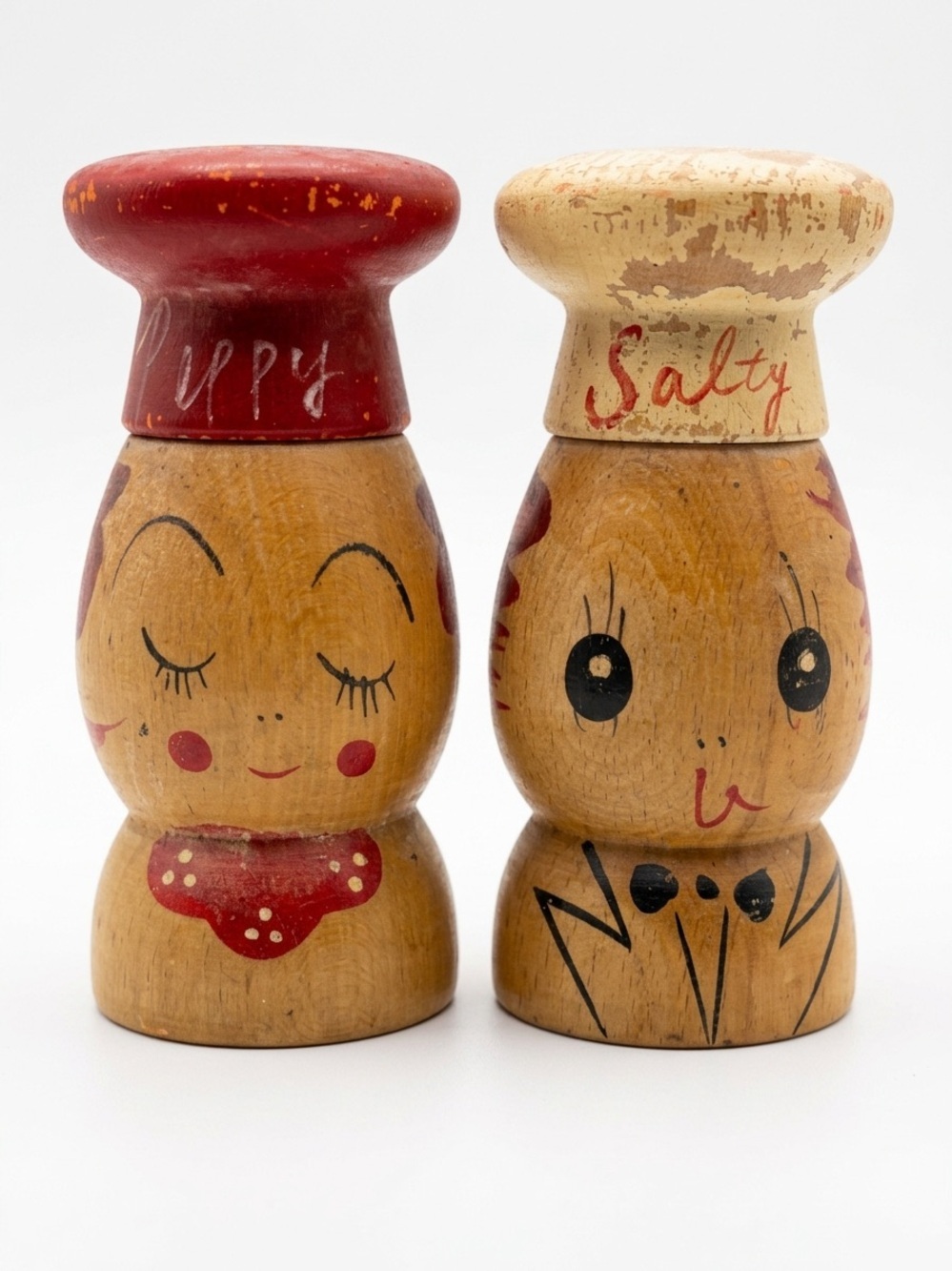 Vintage Japanese Wooden Chef Salt and Pepper Shakers Peppy and Salty Set